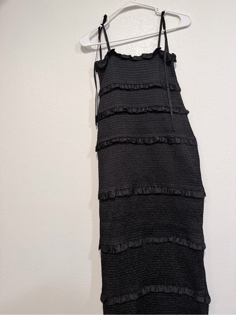 Show Me Your MuMu Black Ruffle Smocked Midi Dress with Tie Straps